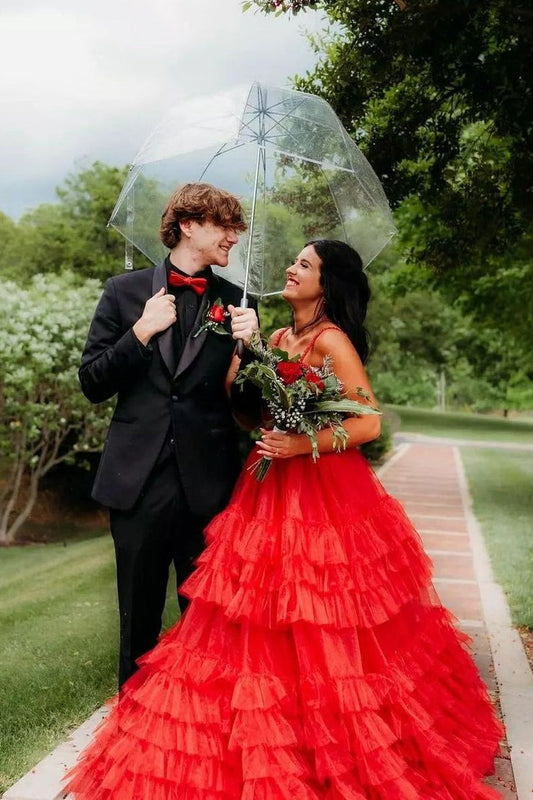 Sweetheart Ball Gown Red Ruffle Tiered Tulle Prom Dress with Beading, PD25087