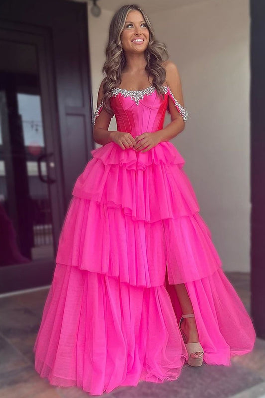 Sweetheart Mermaid Hot Pink Tulle Long Prom Dresses with Beading, PD25042