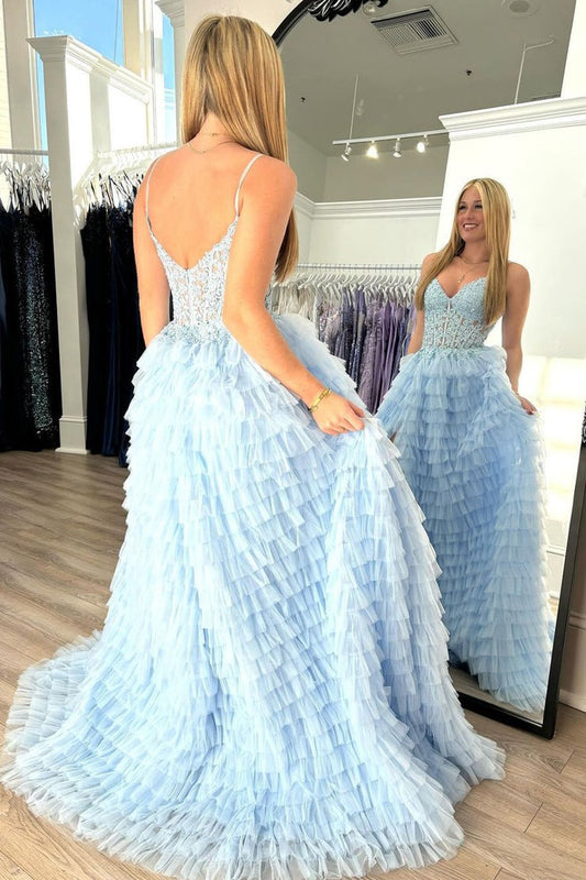 A-Line V Neck Blue Ruffle Tiered Tulle Long Prom Dress with Appliques, PD25130