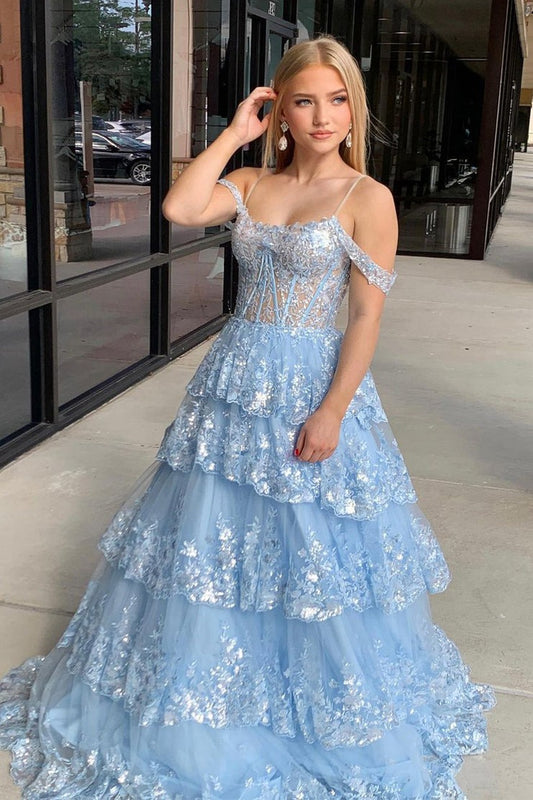 Blue A-Line Cold Shoulder Tiered Sequin Lace Long Prom Dresses, PD25619