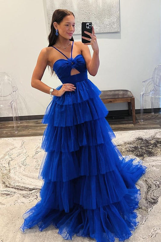 Royal Blue Ruffle Tiered A-Line Keyhole Tulle Long Prom Dresses, PD25399