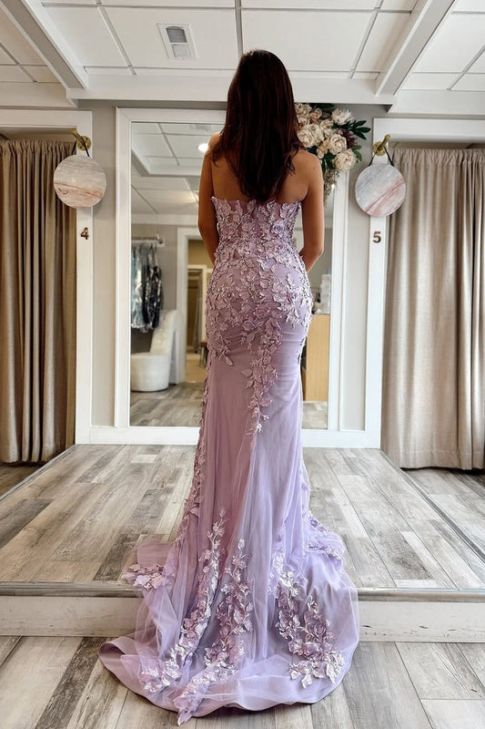 Lilac Strapless Mermaid Long Prom Dress with Appliques, PD25800