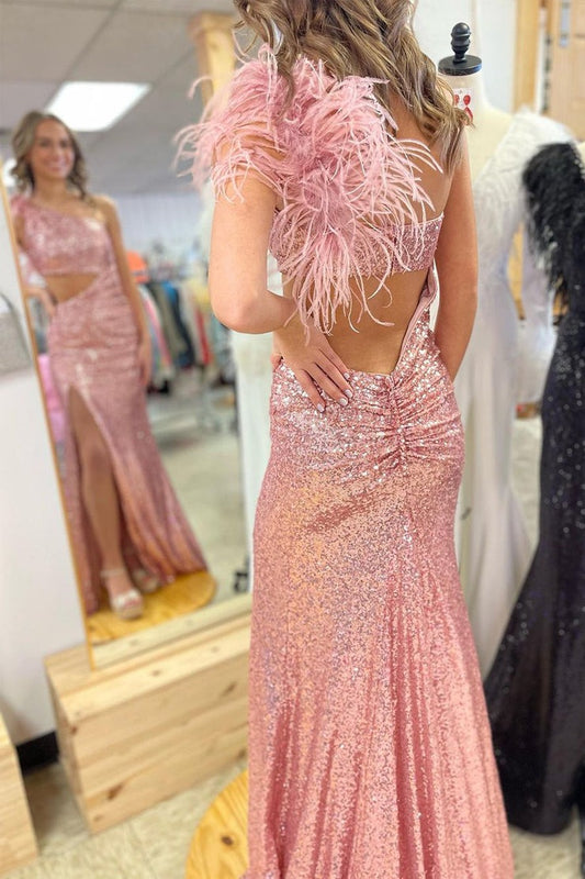 Mermaid One Shoulder Blush Sequins Cutout Prom Dresses, PD25469