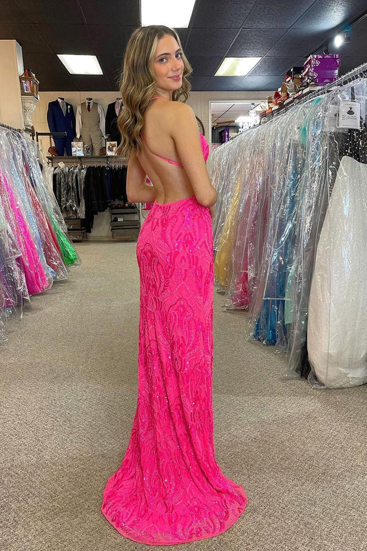 Fuchsia Sequins Mermaid V Neck Lace Long Prom Dress, PD25460