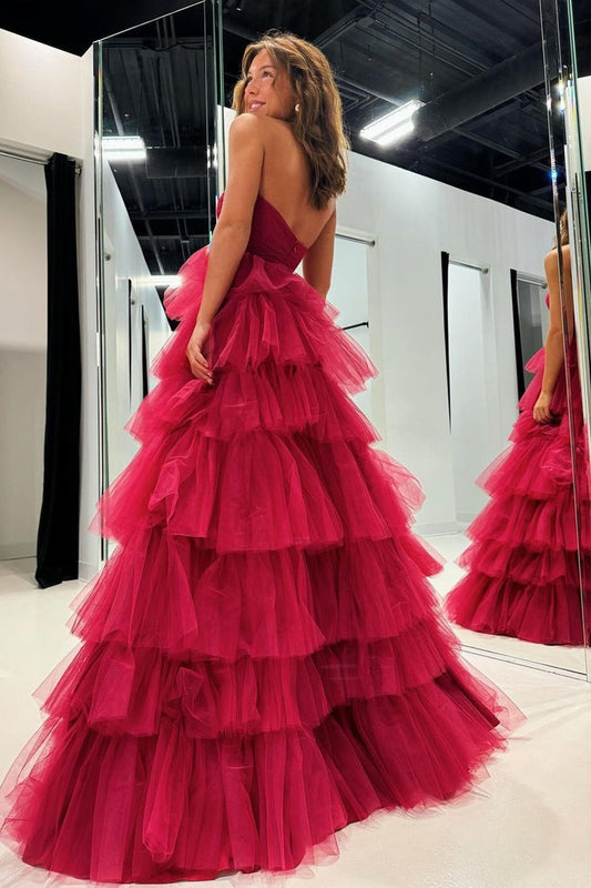 A-Line Strapless Dark Red Tulle Long Prom Dresses, PD25620