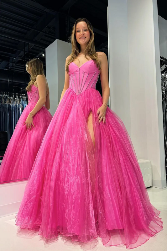 Pink Strapless Organza A-Line Long Prom Dresses, PD2404245
