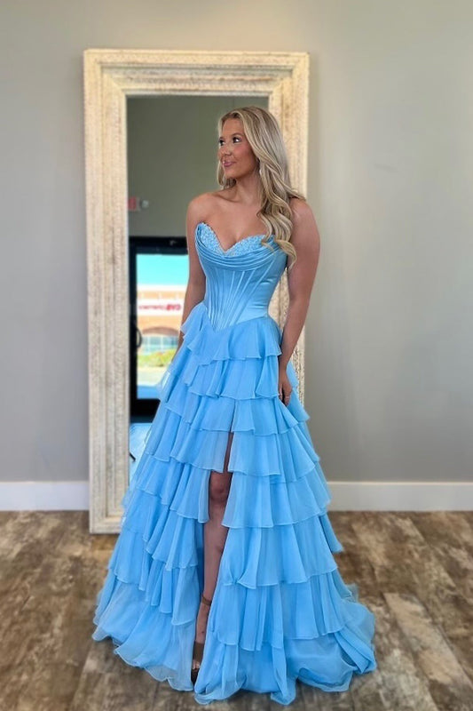 Light Blue A Line Sweetheart Tiered Chiffon Prom Dress with Slit, PD25780