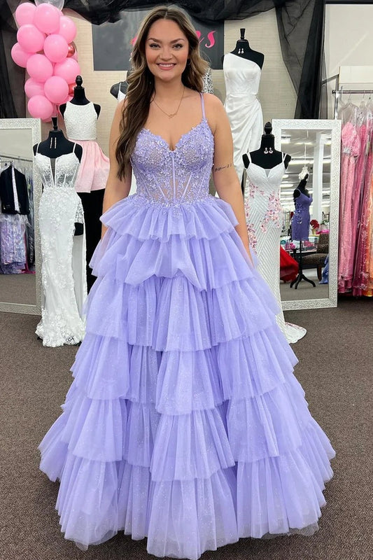 V Neck A Line Red Tiered Tulle Long Prom Dresses with Appliques, PD25018