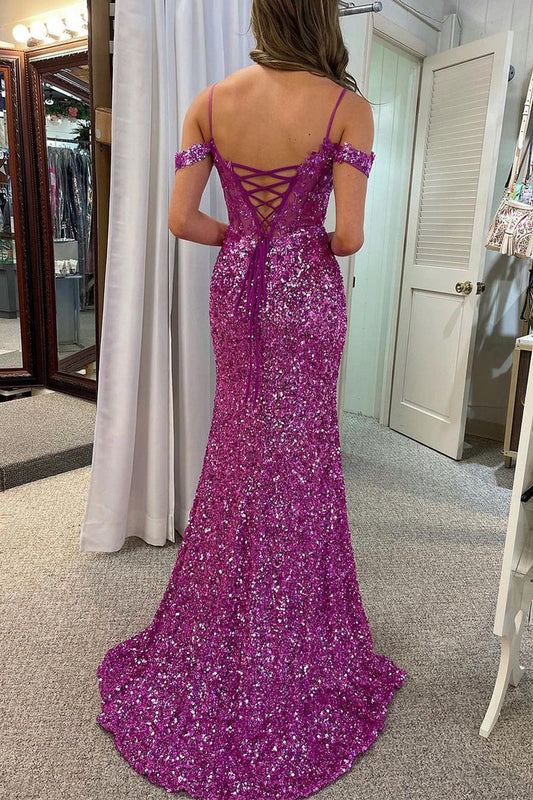 Magenta Mermaid Cold Shoulder Sequin Lace Long Prom Dress, PD25580