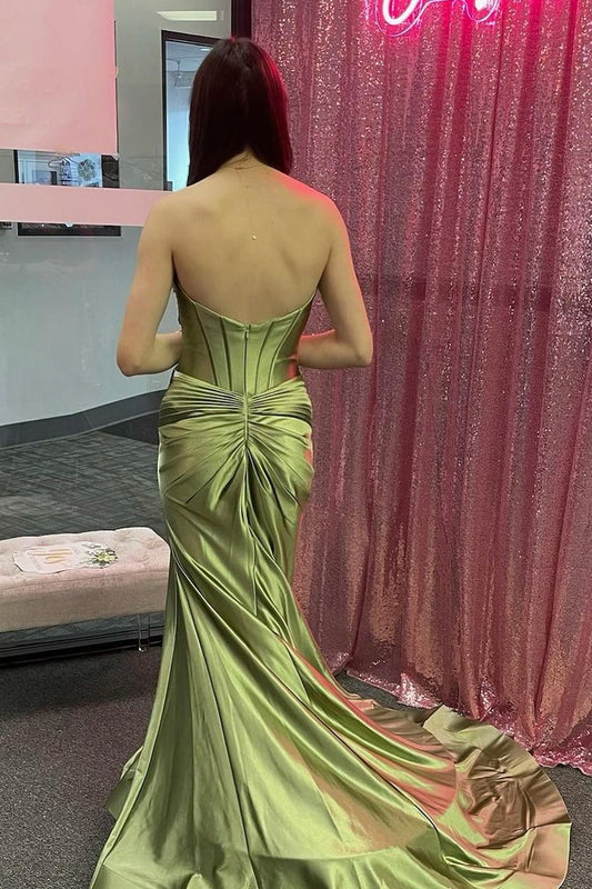 Sage Green Strapless Satin Mermaid Long Prom Dresses, PD25520