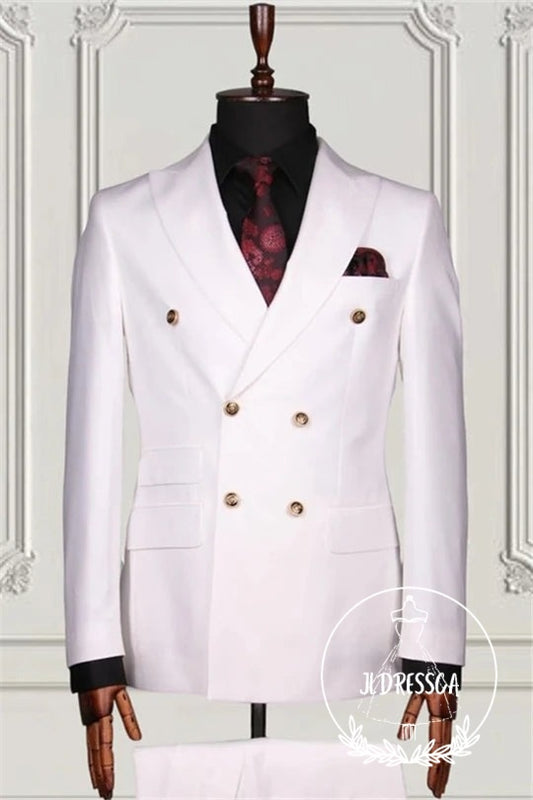 Simple White Double Breasted Slim Fit Men Suits, SU25093