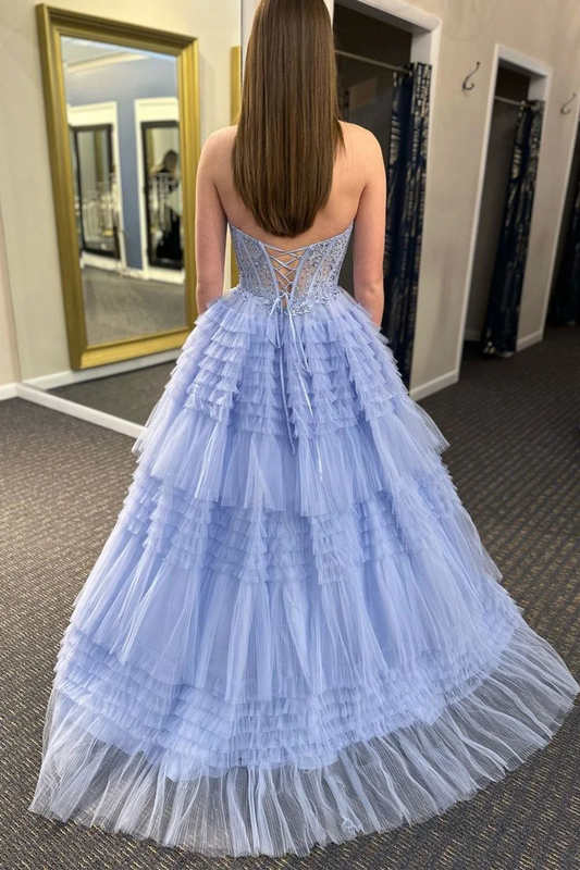 Tiered Tulle A-Line Long Prom Dress with Ruffles and Appliques, PD24041610