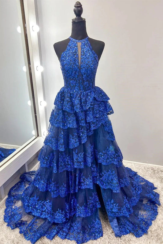 Halter Ball Gown Fuchsia Tulle Long Prom Dresses with Appliques, PD25019