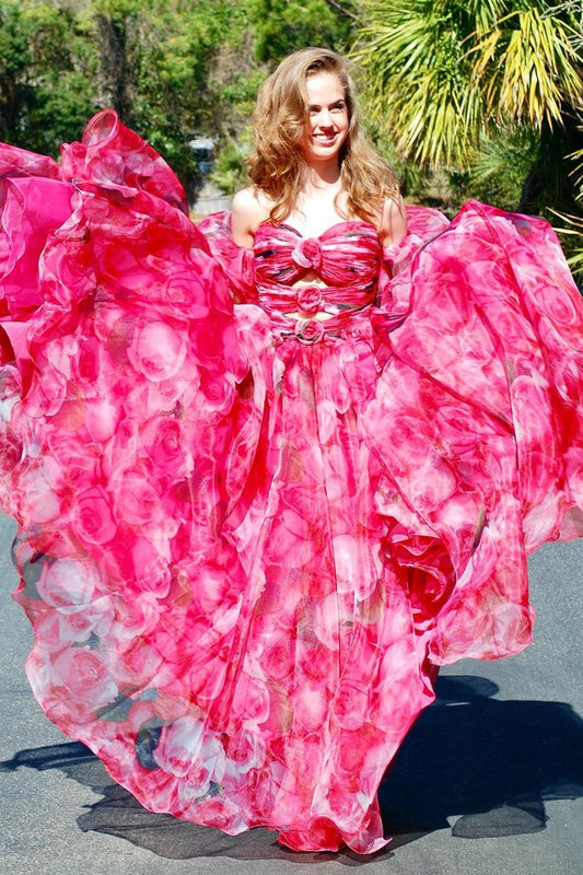 Strapless Floral Printed Long Prom Dress with Pockets, PD25111
