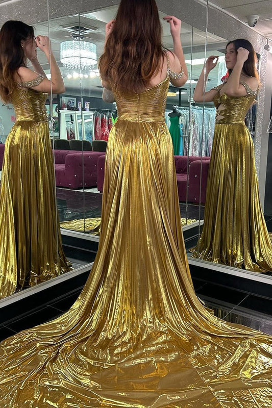 Gold Cold Shoulder Satin Pleated Long Prom Dresses with Slit, PD25225