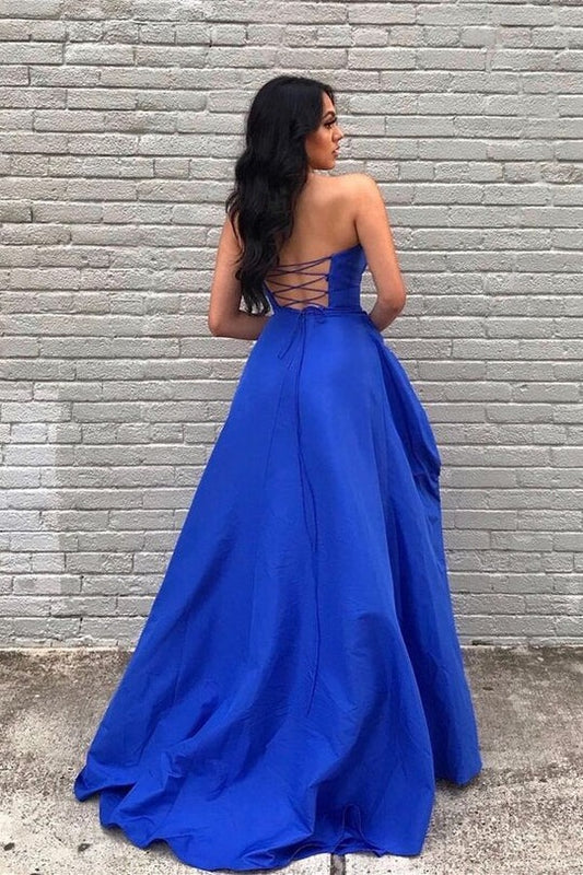 A Line Sweetheart Satin Long Prom Dresses with Slit, PD25020