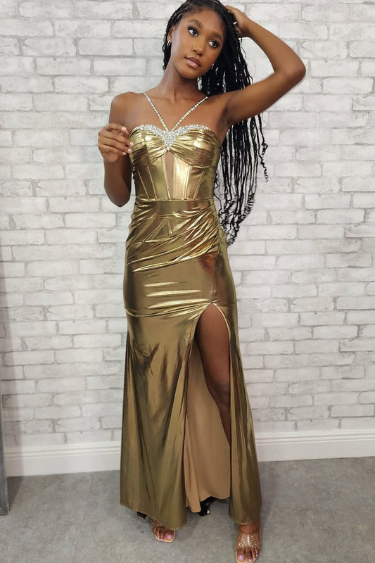 Gold Sweetheart Mermaid Metallic Satin Prom Dress with Beading, PD25771