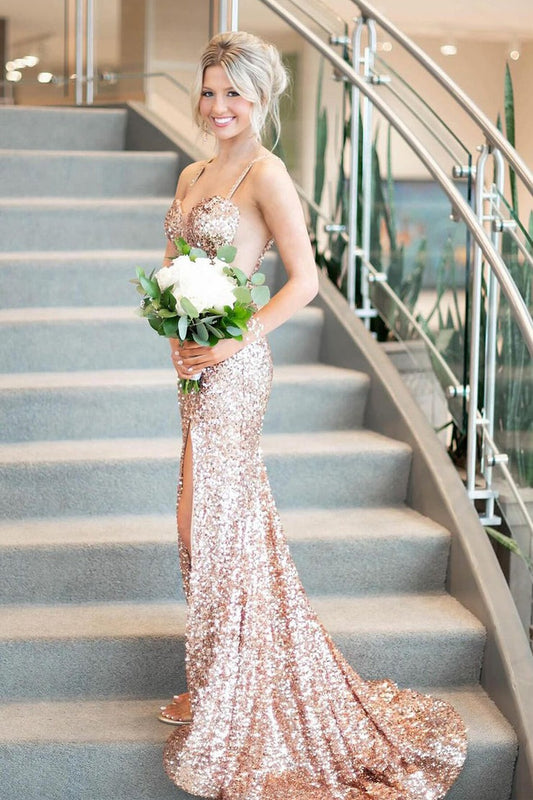 Champagne Sequins Mermaid Sweetheart Long Prom Dress, PD25283