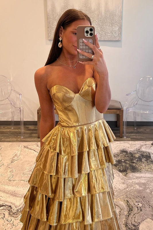Strapless A Line Gold Ruffle Tiered Satin Long Prom Dress, PD25112