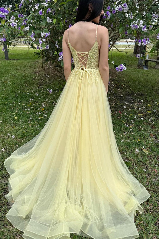 Yellow Tulle A-Line V Neck Long Prom Dresses with Appliques, PD25472