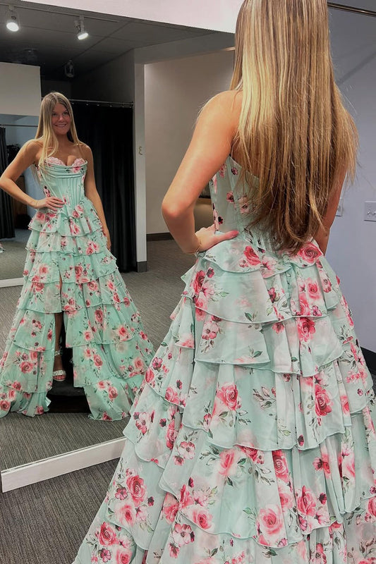 A Line Strapless Sweetheart Floral Tiered Chiffon Long Prom Dress, PD25792