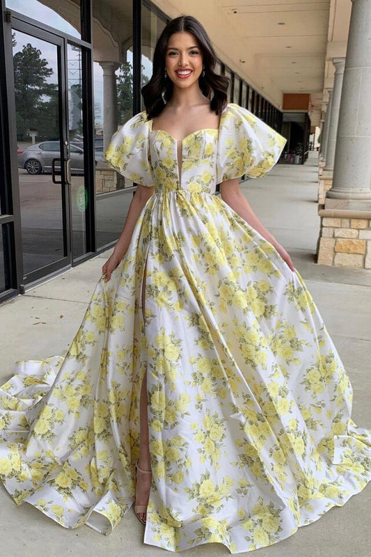 Vintage Sweetheart Puff Sleeves Floral Printed Long Prom Dress with Slit, PD25306