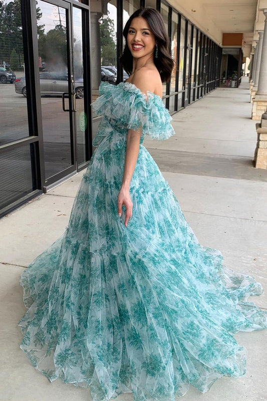 Floral Printed A-Line Off the Shoulder Ruffle Long Prom Dresses, PD25279