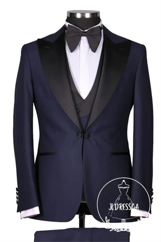 Navy Blue Peaked Lapel Three Pieces Slim Fit Wedding Men Suits, SU25145