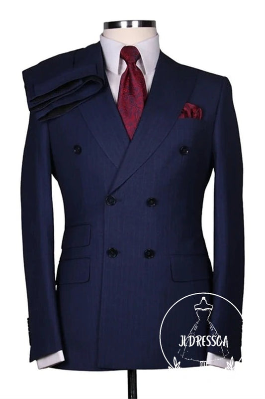 Dark Blue Double Breasted Striped Best Fitted Men Suits, SU25195
