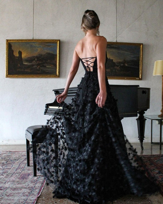 Black Strapless Long Prom Dresses with Slit, PD25041