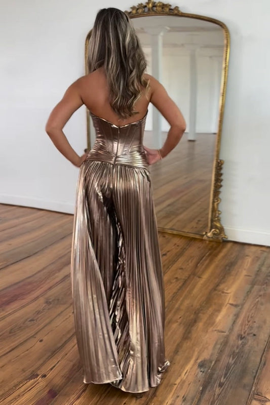 Sweetheart Brown Pleated Satin Prom Dresses with Slit, PD25011