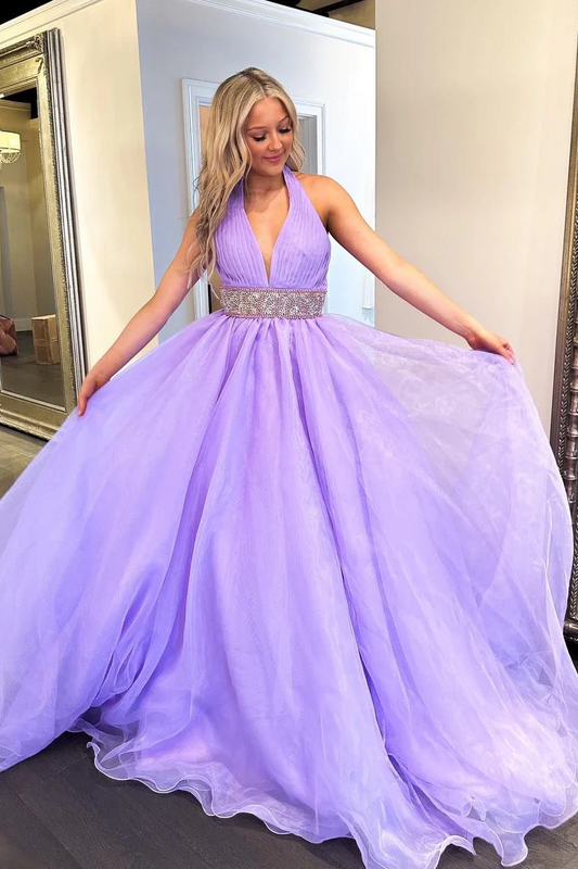 Long Lilac A-Line Halter Prom Dresses with Beadings, PD2404104