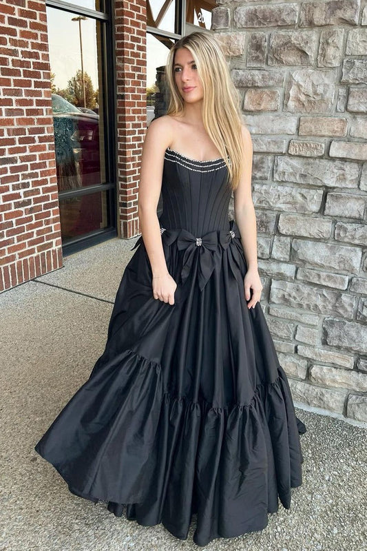 Scoop Neck Ball Gown Black Satin Long Prom Dresses with Beading, PD25038