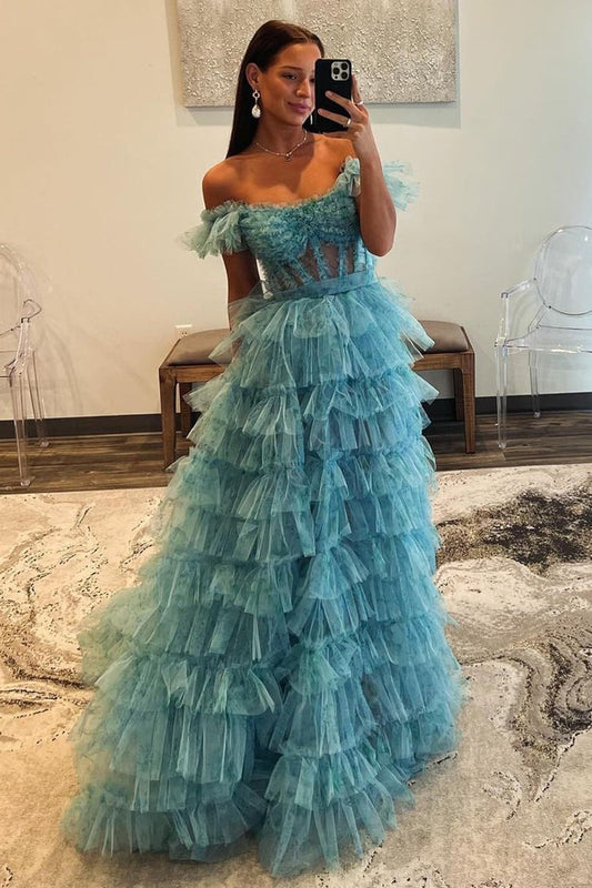 Off the Shoulder A-Line Ruffle Tiered Long Prom Dress with Slit, PD25212