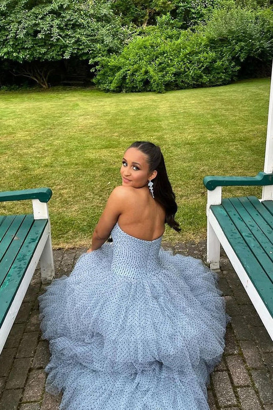 Strapless Blue Ruffle Tiered Tulle Long Prom Dress with Bows, PD25094
