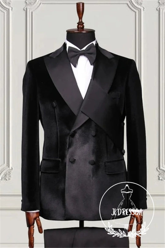 Modern Black Double Breasted Peaked Lapel Men Suits, SU25087