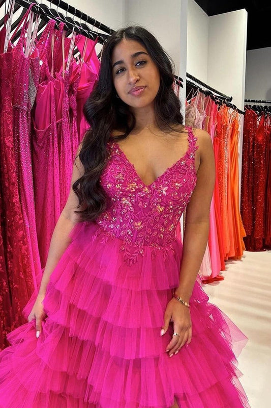 Fuchsia Ruffle Tiered A-Line V Neck Long Prom Dress with Slit, PD25324