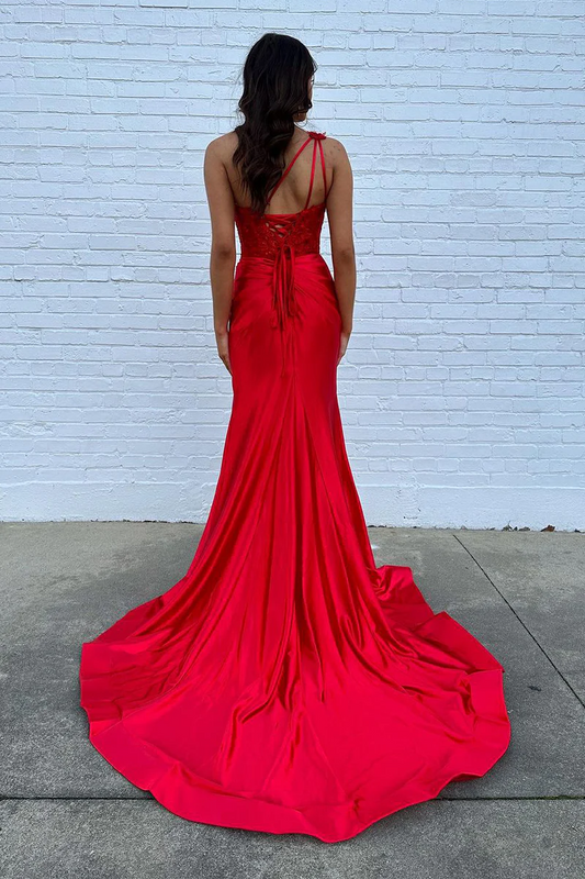 Red One Shoulder Satin Mermaid Long Prom Dress, PD2404225