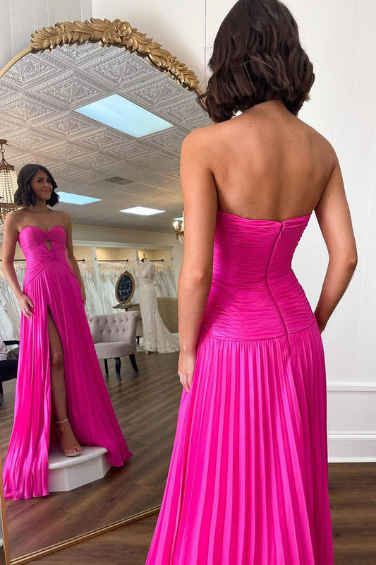 Fuchsia A Line Sweetheart Prom Dress with Slit, PD25612