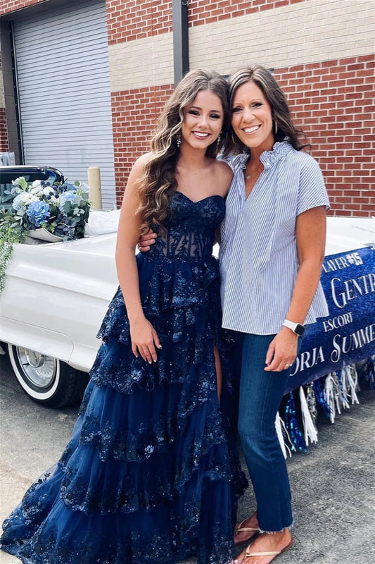 Navy Tiered A Line Cute Off the Shoulder Tulle Prom Dress with Appliques, PD25403