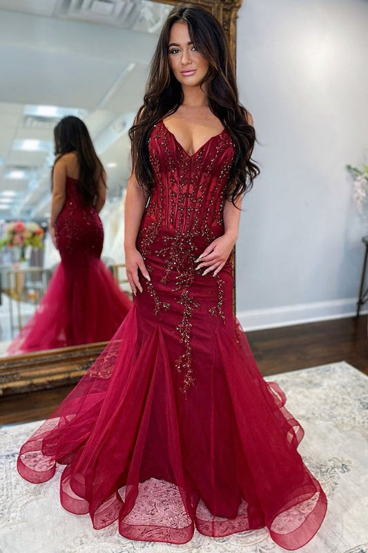 Burgundy Mermaid Tulle Long Prom Dresses with Appliques, PD25513