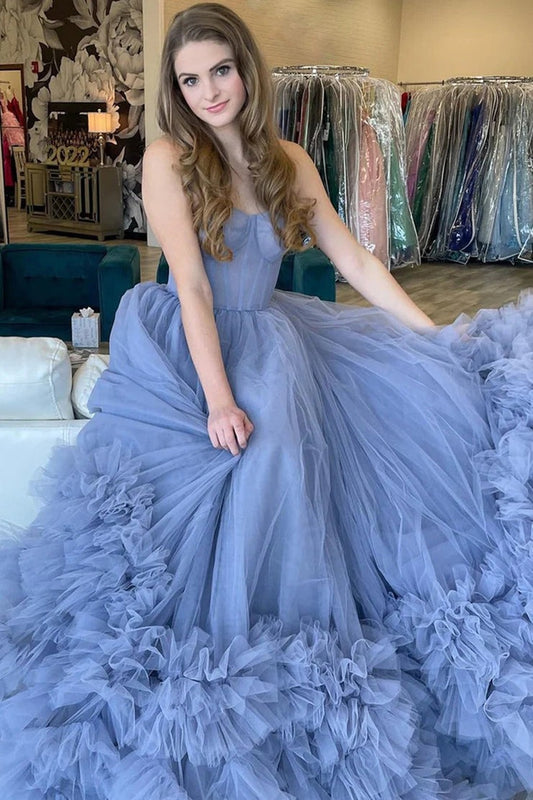 Periwinkle Tulle Strapless Tiered A - Line Long Prom Dresses, PD25503