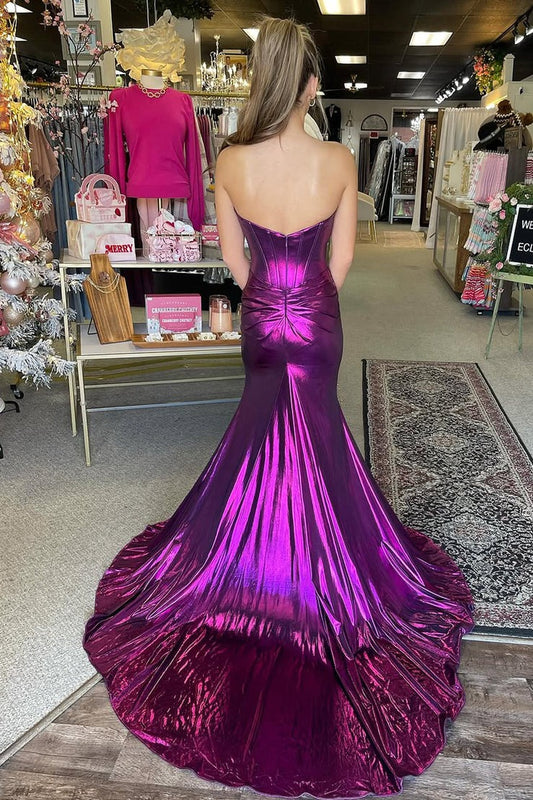 Purple Metallic Satin Mermaid Sweetheart Prom Dress with Slit, PD25268