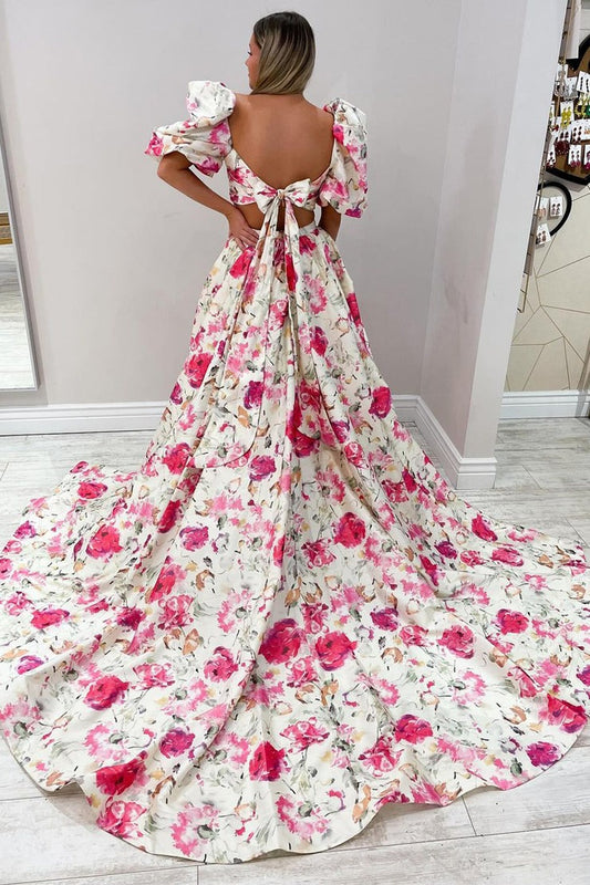 Two Piece Floral Printed Satin Long Prom Dress with Slit, PD25125