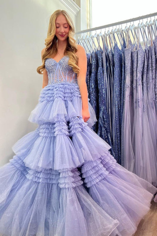 Strapless A Line Lilac Ruffle Tiered Tulle Long Prom Dress with Appliques, PD25128