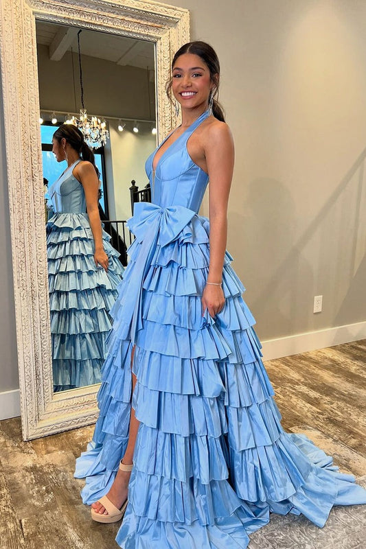 Blue A Line V Neck Taffeta Satin Prom Dress with Bow and Slit, PD25245