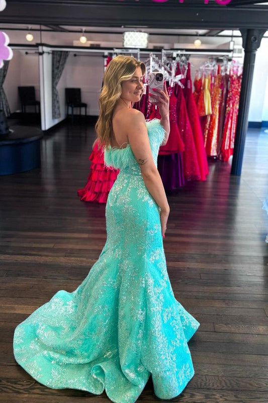 Strapless Mermaid Mint Sequins Long Prom Dress with Feather, PD25156