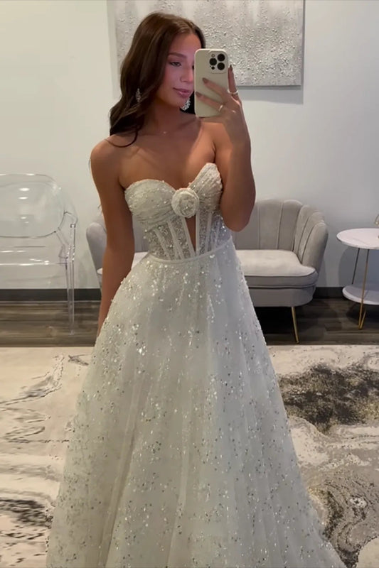White Sequins Long A Line Sweetheart Prom Dress, PD25803