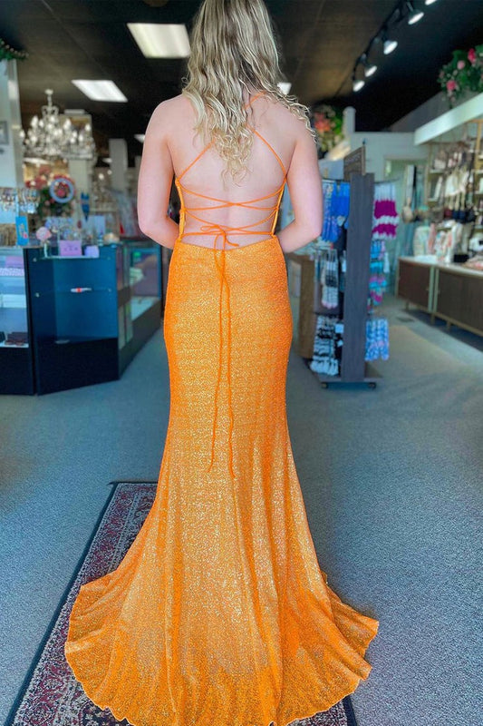 Orange Sequin V Neck Mermaid Long Prom Dress with Slit, PD25374