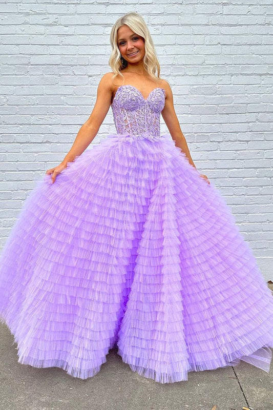 A-Line Sweetheart Ruffle Tiered Tulle Long Prom Dress, PD25424